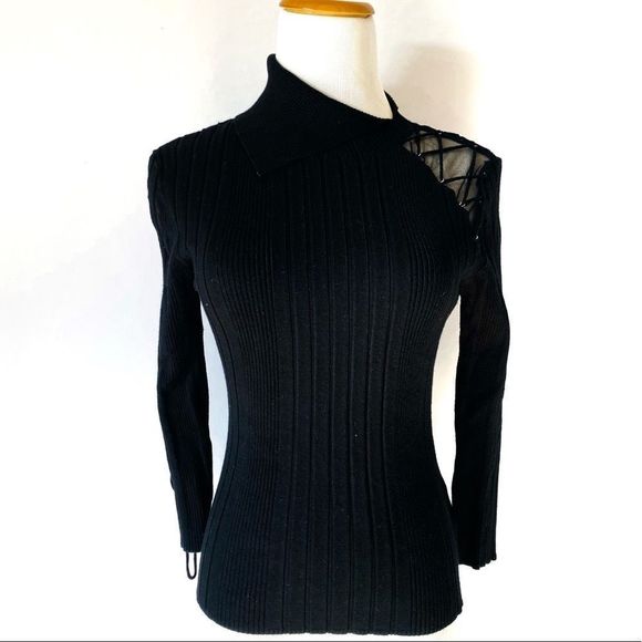 Dollhouse Tops - DOLLHOUSE Black Asymmetrical Ribbed Knit Top w/ Mesh Detail & 3/4 Sleeve
